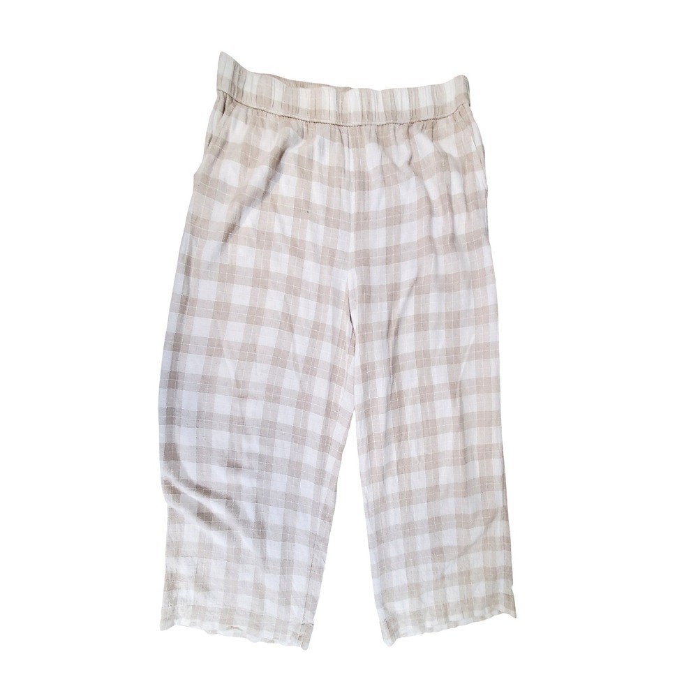 Isaac Mizrahi New York Tan‎ Gingham Linen Blend Wide Leg Crop Pants Womens L